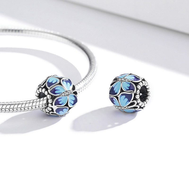 Blue Morpho Butterfly Charm Bead 925 Sterling Silver with Gradient Blue Enamels & Clear Gemstones_2