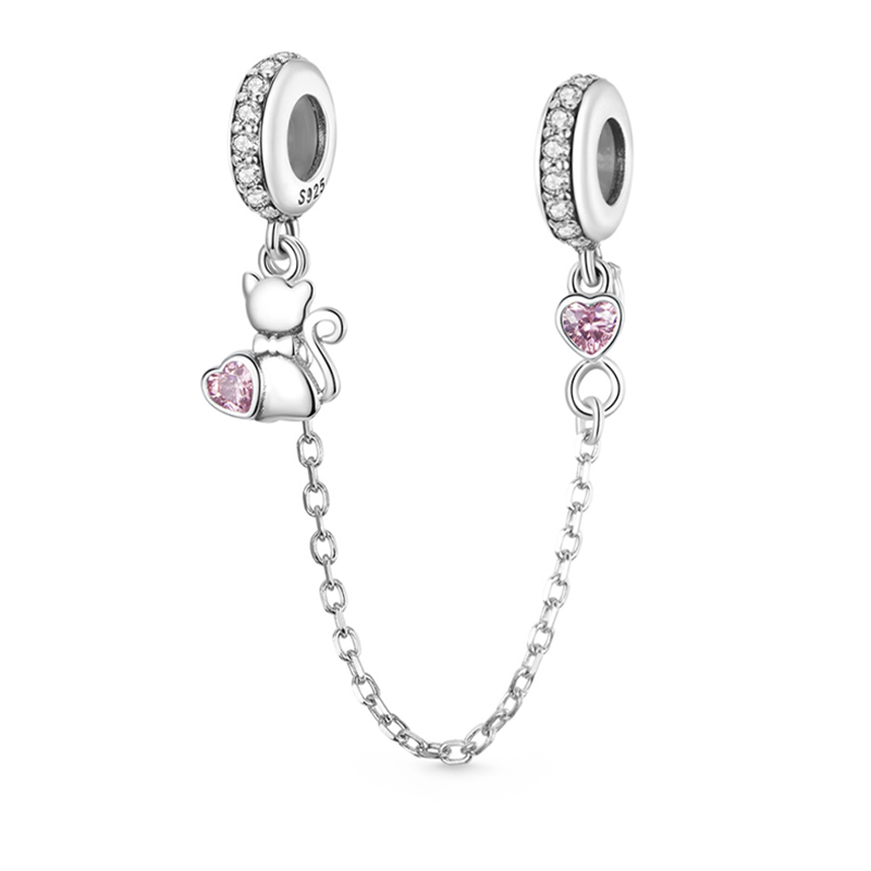 Cute Cat & Heart Safety Chain 925 Sterling Silver Inlaid with Clear and Pink Gemstones_1