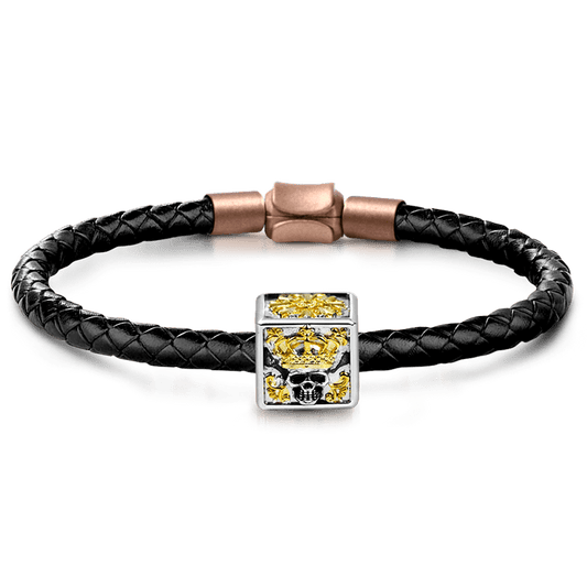 King Skull Men's Vintage Bead S925 Sterling Silver 18K Gold Plated with Gift Copper Black Leather Men's Bracelet Jewelry for Men_1
