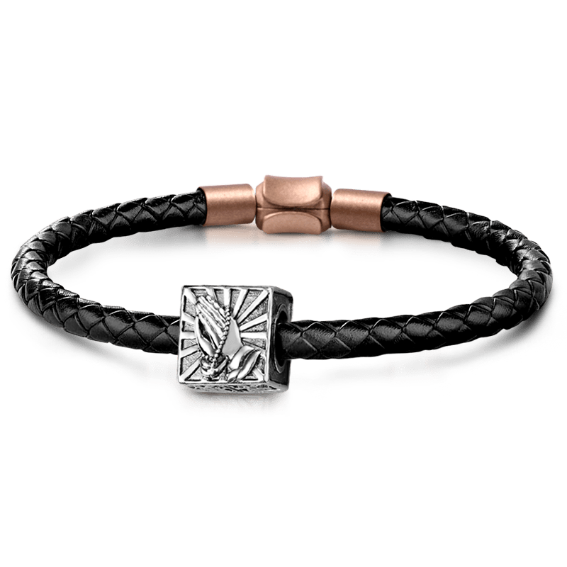 Praying Hands Men's Vintage Bead S925 Sterling Silver with Gift Copper Black Leather Men's Bracelet Jewelry for Men_1