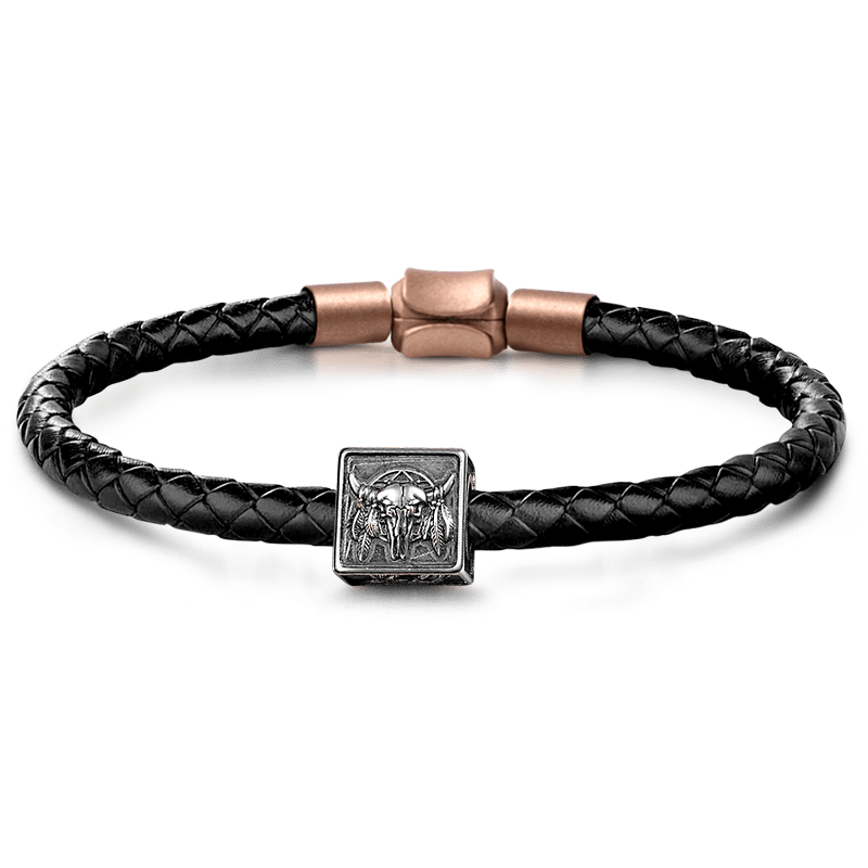 Indian Bull Skull Men's Vintage Bead S925 Sterling Silver with Gift Copper Black Leather Men's Bracelet Jewelry for Men_1