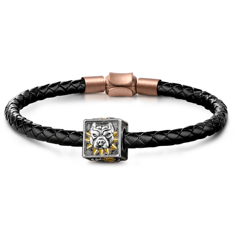 American Bully Pitbull Men's Vintage Bead S925 Sterling Silver with Gift Copper Black Leather Men's Bracelet Jewelry for Men_1