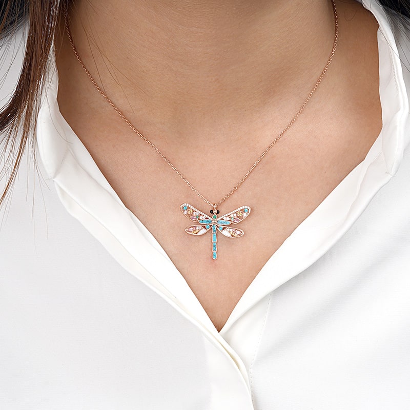 Turquoise Dragonfly Necklace 925 Sterling Silver Rose Gold Plated Inlaid with Colorful CZ Stones_4
