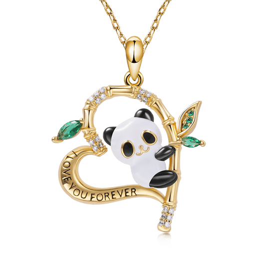 "I Love You Forever" Panda on Bamboo Heart Shaped Necklace 18K Gold Plated CZ Gemstones Inlaid_1