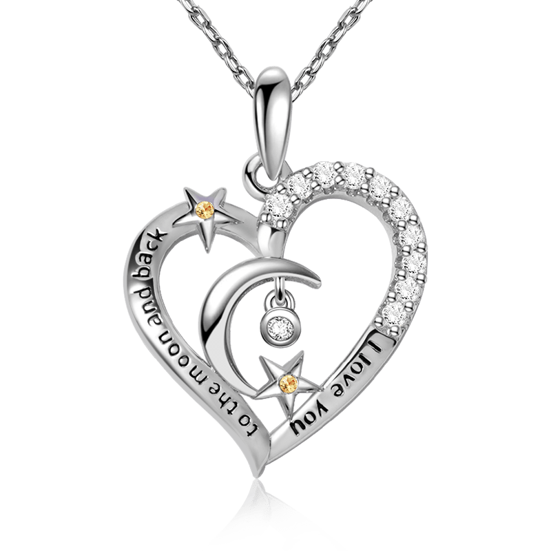 "I love you to the moon and back" Moon and Star Heart Necklace Inlaid with Cz Stones Sterling Silver_1