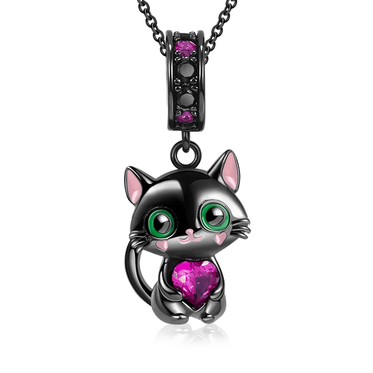 Black Cat Embraces Heart Gemstone Necklace Black Plated_1