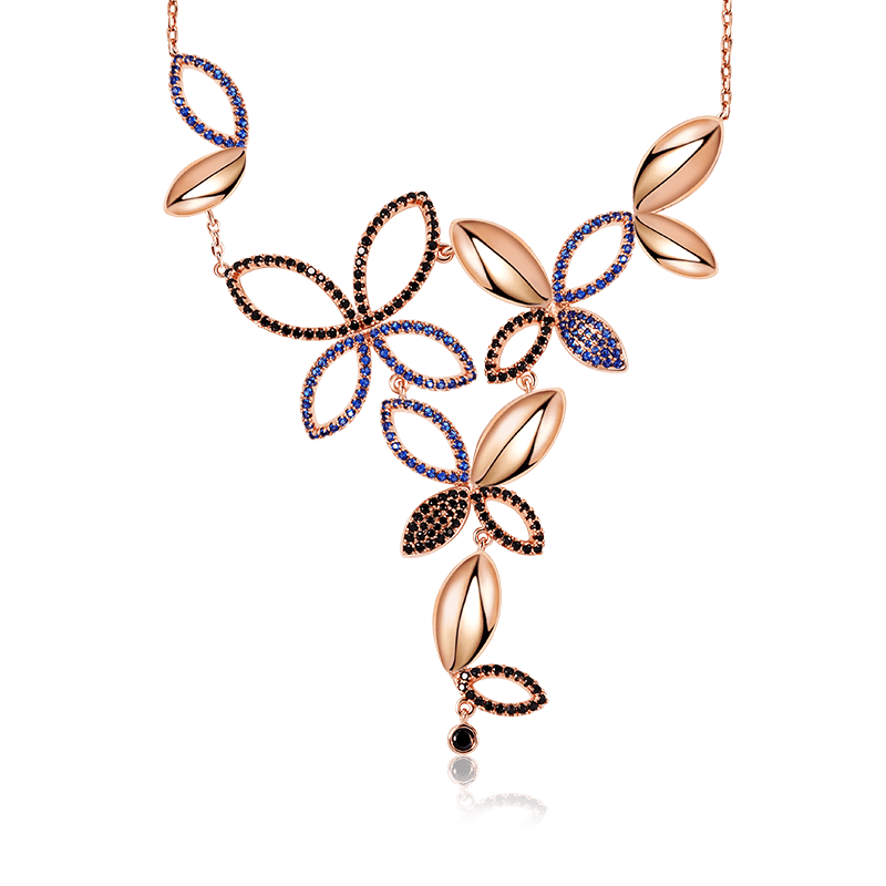 Butterfly Petals Necklace Copper 18K Rose Gold Plated Inlaid with Black & Blue CZ Stones_1
