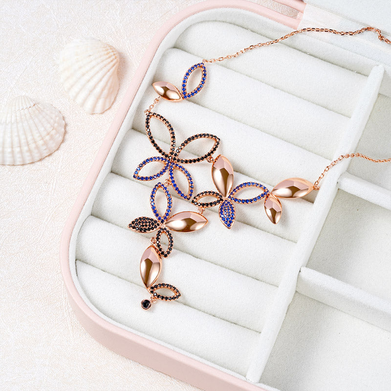 Butterfly Petals Necklace Copper 18K Rose Gold Plated Inlaid with Black & Blue CZ Stones_3