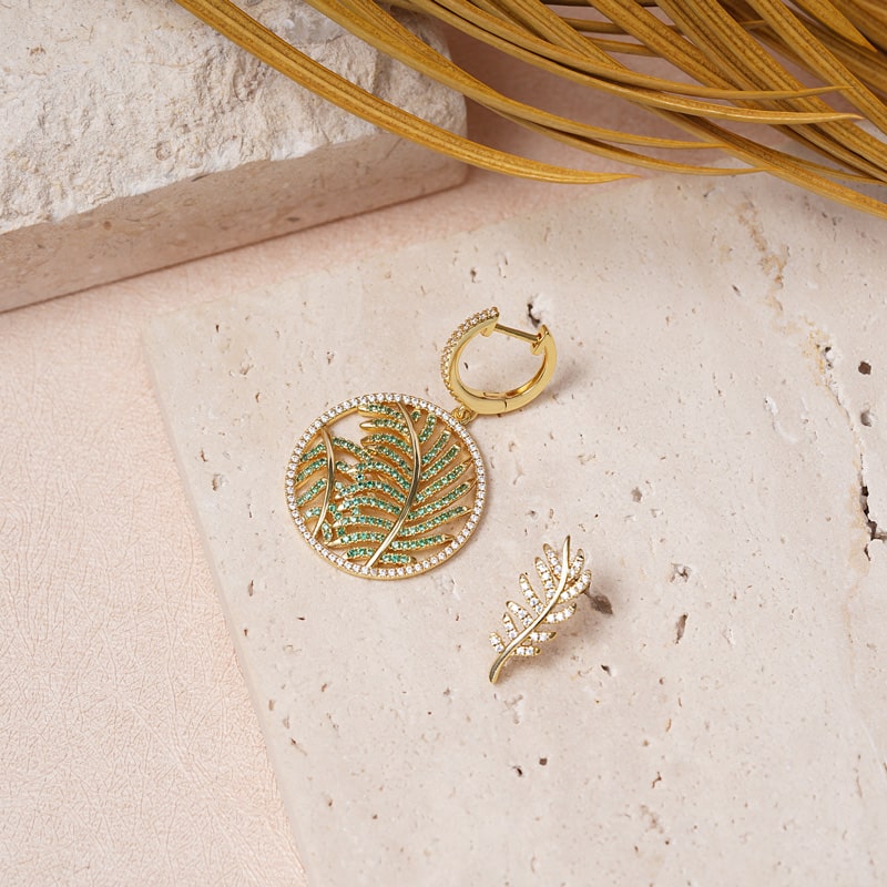 Leaves Dangle Stud Earrings Set 925 Sterling Silver 18K Gold Plated Inlaid with Green & Clear CZ Stones_2