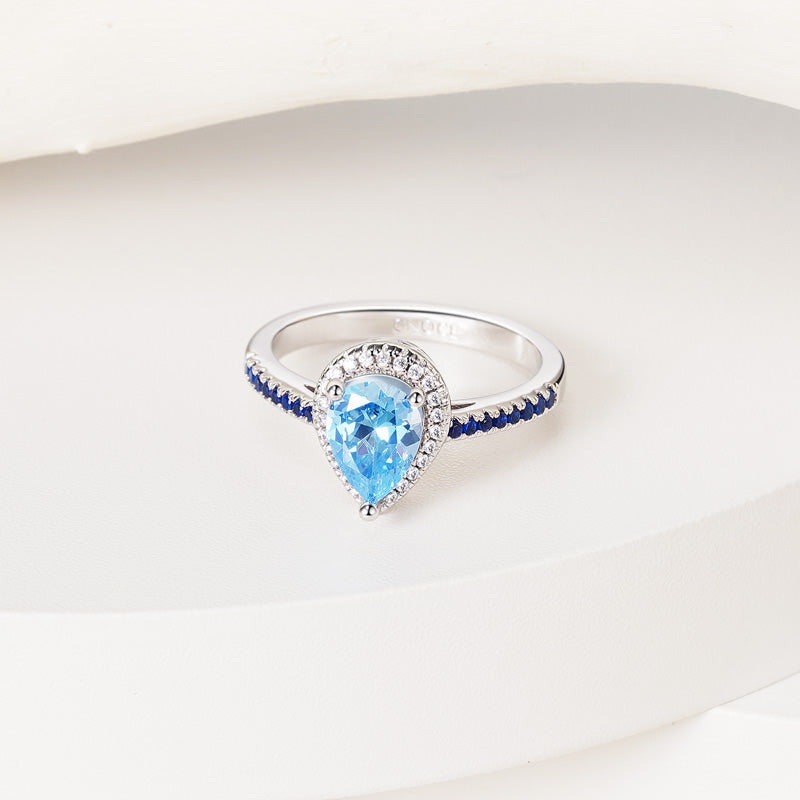 Sparkling BlueTeardrop Ring 925 Sterling Silver Inlaid with Clear Gemstones_4
