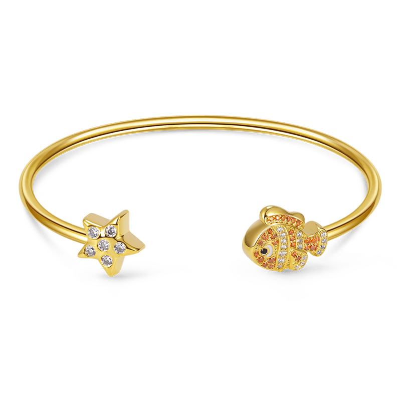 Fish & Starfish Open Bangle Bracelet 18K Gold Plated Inlaid with Clear and Orange CZ Stones_1