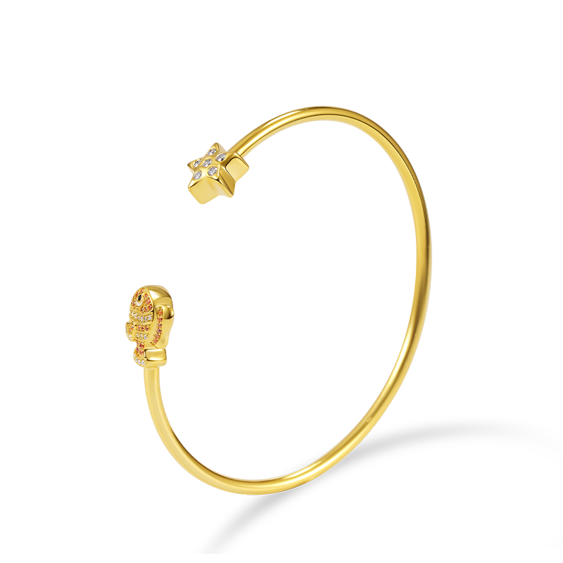 Fish & Starfish Open Bangle Bracelet 18K Gold Plated Inlaid with Clear and Orange CZ Stones_2