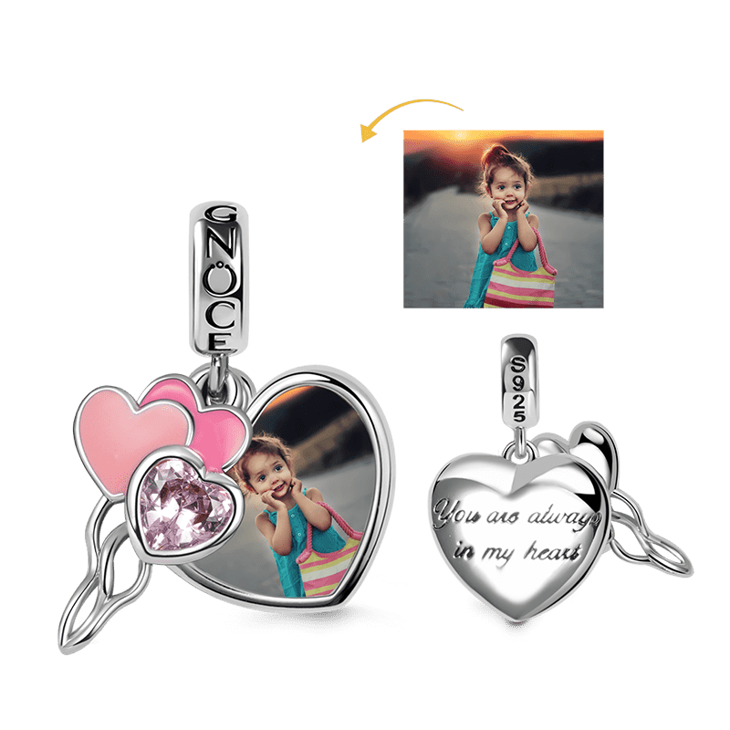 "You are always in my heart" Personalized Photo Charm Bead 925 Sterling Silver with Pink Enamel_1