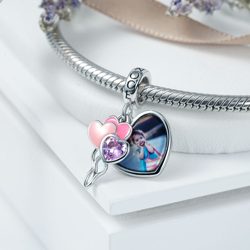"You are always in my heart" Personalized Photo Charm Bead 925 Sterling Silver with Pink Enamel_2