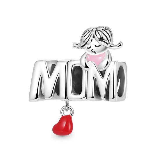 MOM Letter Gift Charm Bead with Dangle Red Heart 925 Sterling Silver_1