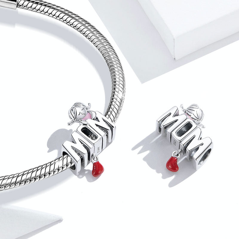 MOM Letter Gift Charm Bead with Dangle Red Heart 925 Sterling Silver_3