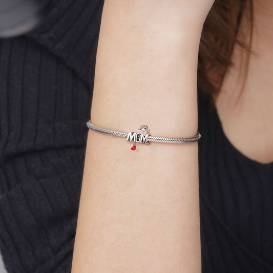 MOM Letter Gift Charm Bead with Dangle Red Heart 925 Sterling Silver_4