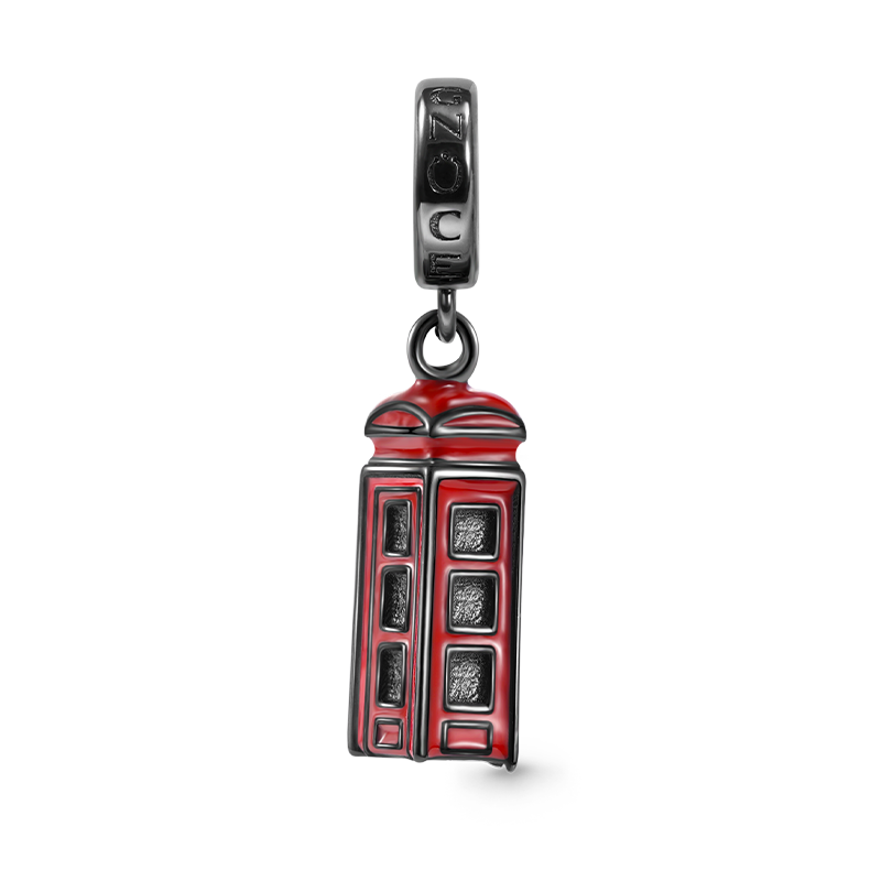 Retro Telephone Booth Pendant Dangle Charm 925 Sterling Silver Black Plated with Red Enamels_1