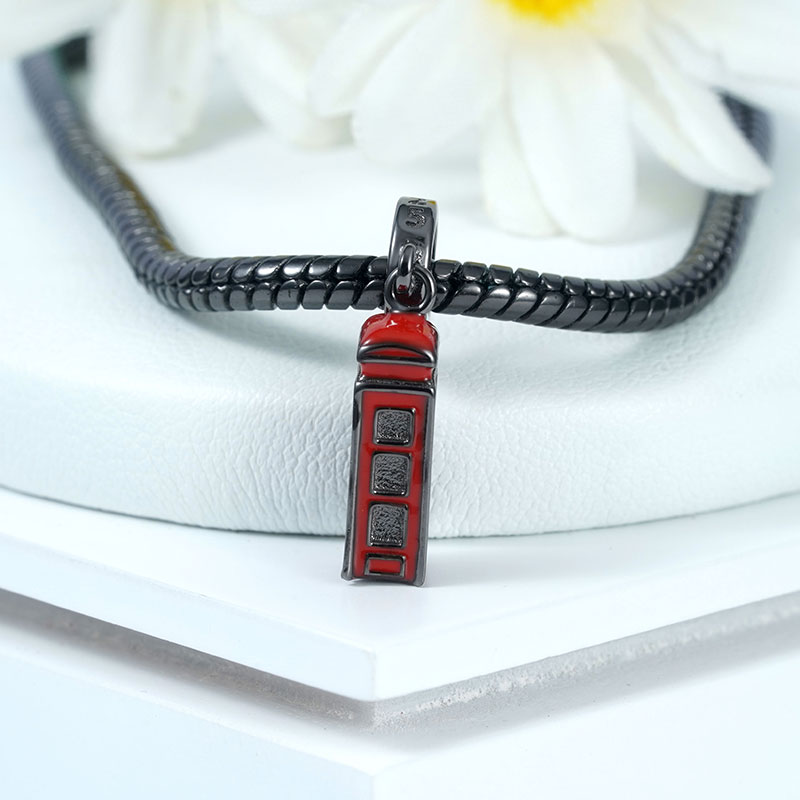 Retro Telephone Booth Pendant Dangle Charm 925 Sterling Silver Black Plated with Red Enamels_2