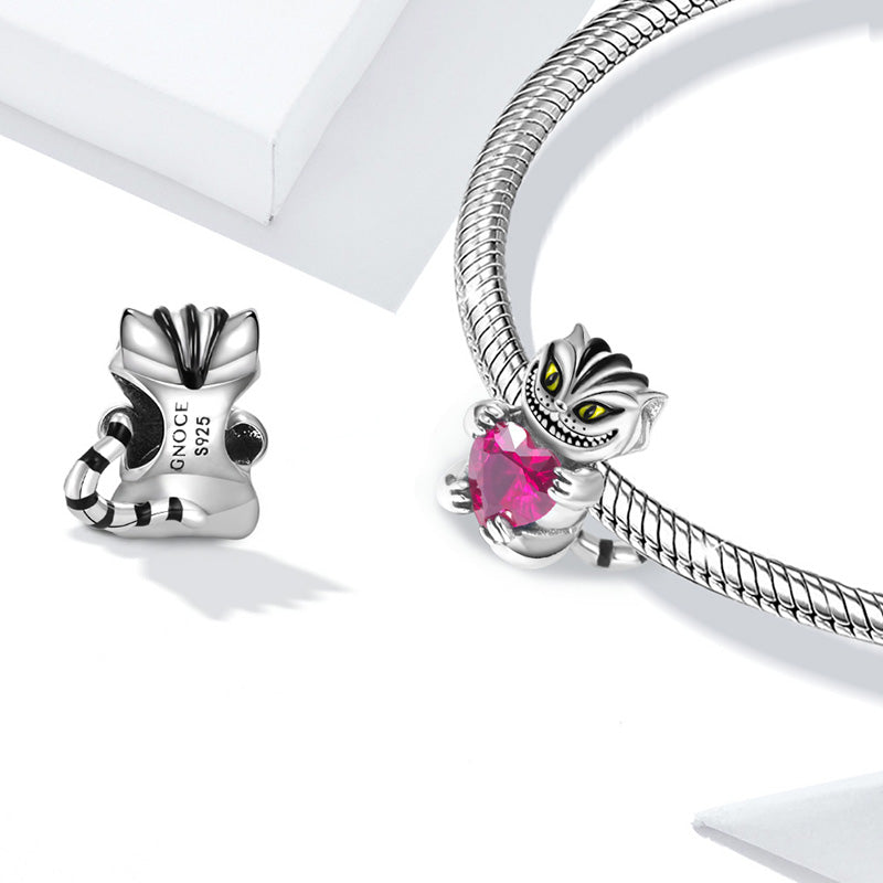Cheshire Cat Embraces Heart Gemstone Charm Bead 925 Sterling Silver Black Plated_2