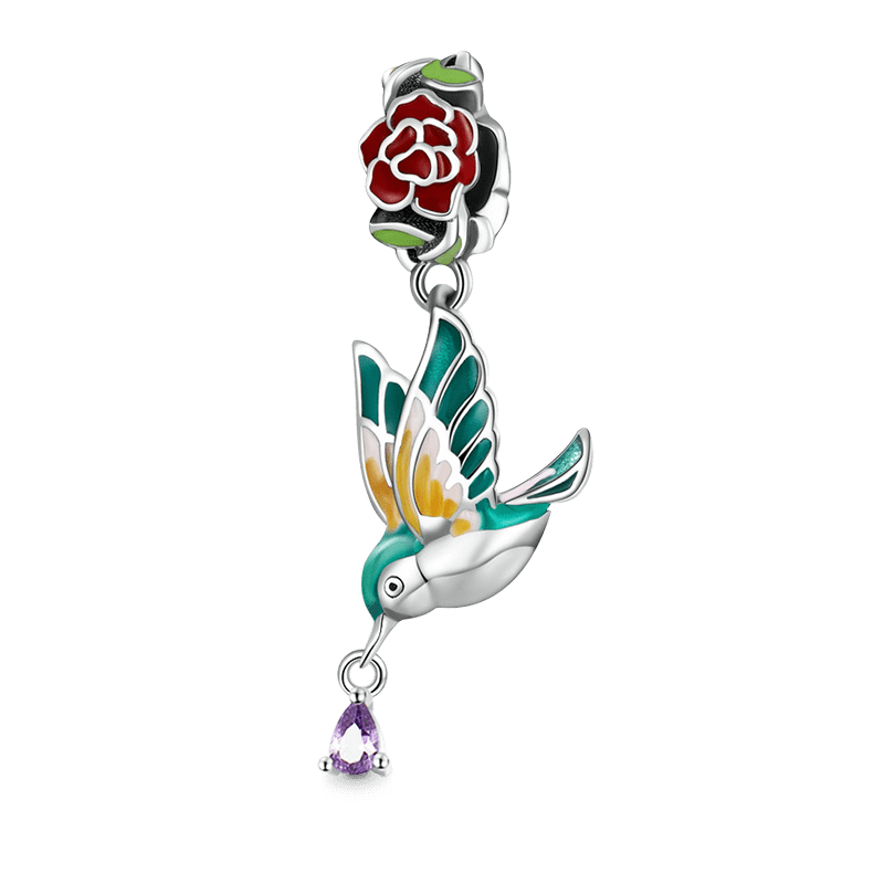 "Spring is Coming" Bird Flower Pendant Dangle Charm 925 Sterling Silver with Colorful Enamels_1