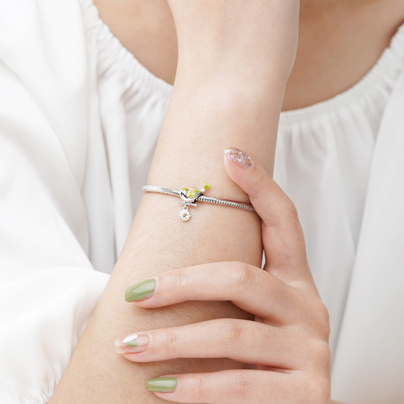 Bird & Flower Pendant Dangle Charm 925 Sterling Silver With Colorful Enamels_3