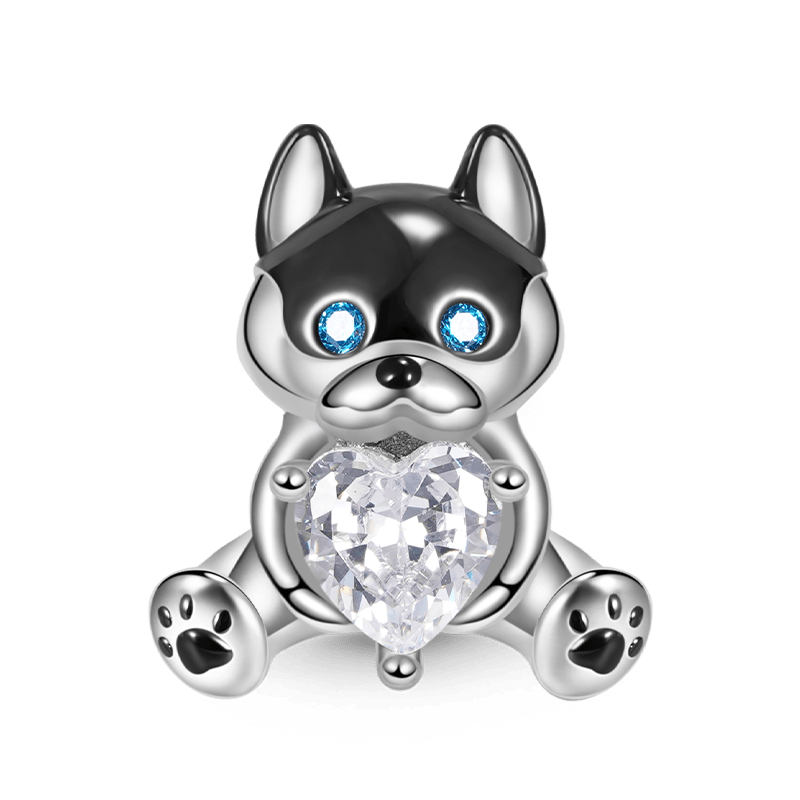 Husky Puppy Embraces Heart Gemstone Charm Bead 925 Sterling Silver_1