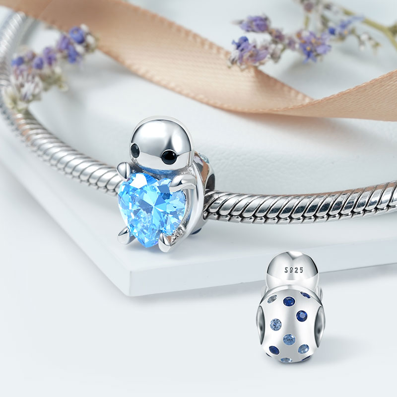 Cute Turtle Embraces Heart Gemstone Charm Bead 925 Sterling Silver Back Inlaid with Blue Gems_2
