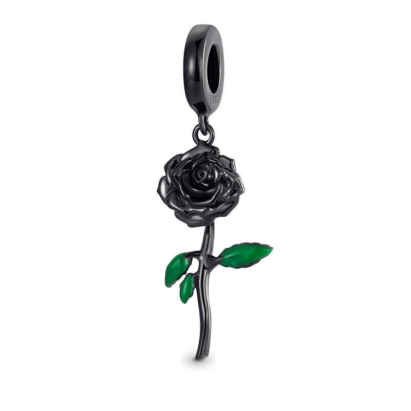 Black Rose Flower Pendant Dangle Charm 925 Sterling Silver with Enamels_1