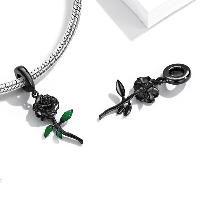 Black Rose Flower Pendant Dangle Charm 925 Sterling Silver with Enamels_2