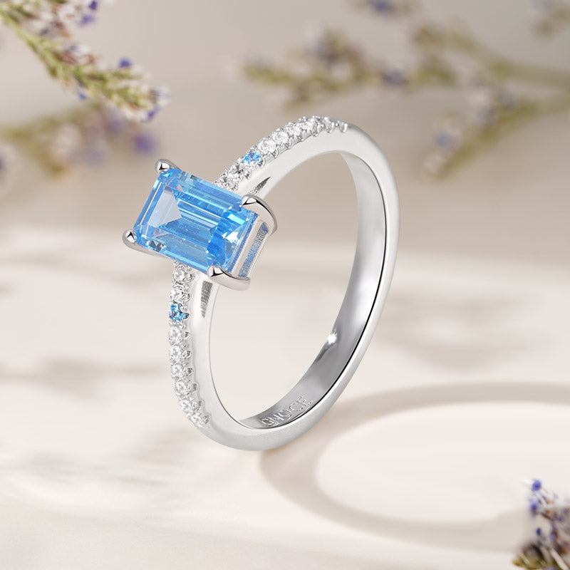 Blue Rectangle-Cut Ring 925 Sterling Silver Inlaid with Clear Gemstones_6