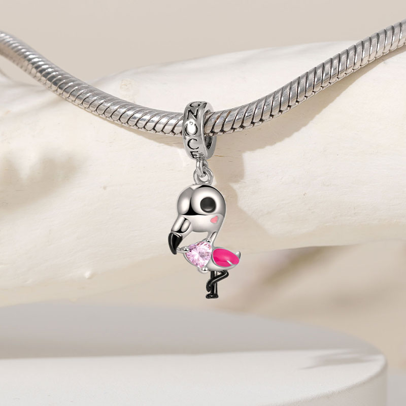 Flamingo Embraces Heart Gemstone Pendant Dangle Charm 925 Sterling Silver_3
