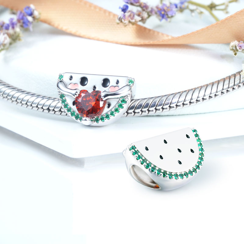 Watermelon Embraces Heart Gemstone Charm Bead 925 Sterling Silver_2