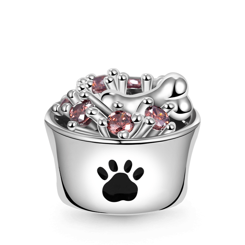 Pet Food Bowl Charm Bead 925 Sterling Silver Inlaid with Brown Gemstones_1