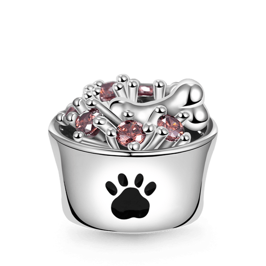 Pet Food Bowl Charm Bead 925 Sterling Silver Inlaid with Brown Gemstones_1