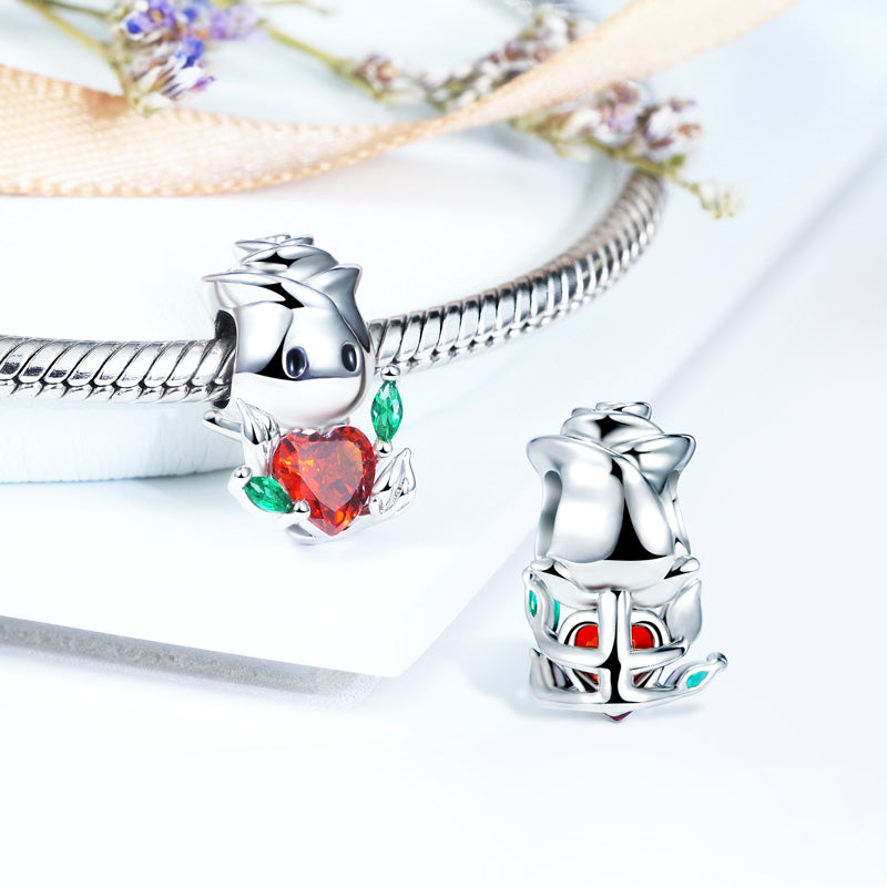 Rose Flower Embraces Heart Gemstone Charm Bead 925 Sterling Silver_2