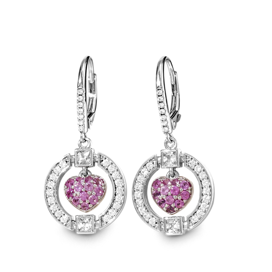 Pink Heart in Circle Dangle Leverback Earrings 925 Sterling Silver Inlaid with Clear CZ Stones_1