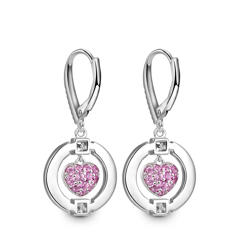 Pink Heart in Circle Dangle Leverback Earrings 925 Sterling Silver Inlaid with Clear CZ Stones_2