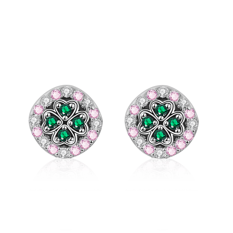 Lucky Clover Stud Earrings 925 Sterling Silver Inlaid with Emerald & Pink CZ Stones_1
