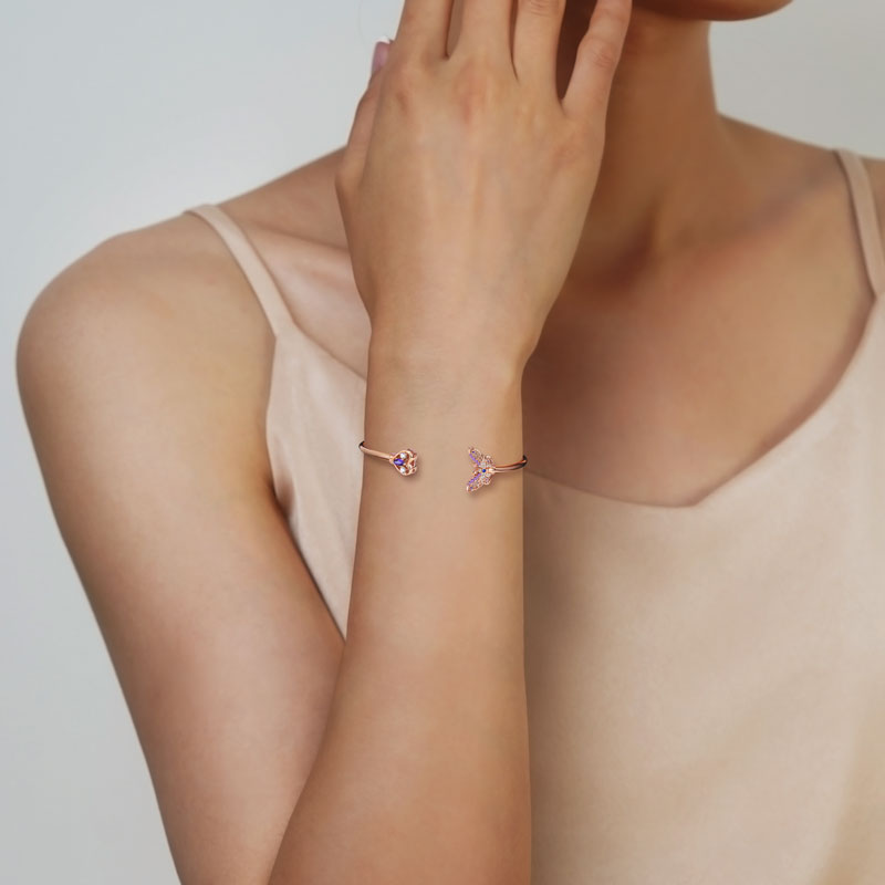 Butterfly & Love Heart Open Bangle Bracelet Lead-free ECO Copper 18K Rose Gold Plated Inlaid with Colorful CZ Stones_3