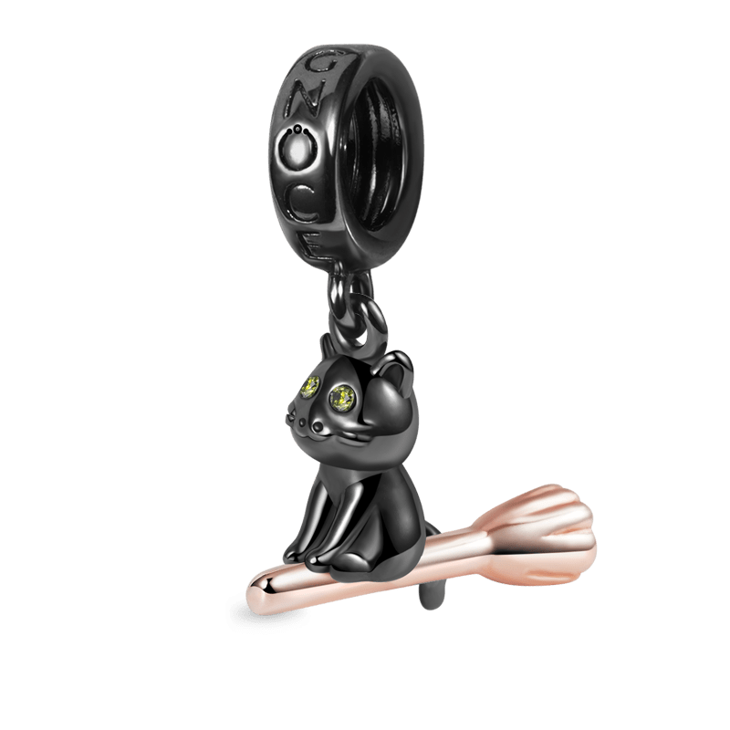 Black Cat Riding Broom Pendant Dangle Charm 925 Sterling Silver Two-tone Plating_1