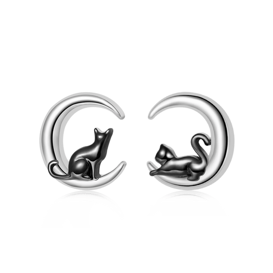 Gnoce Black Cat Moon Stud Earrings_1