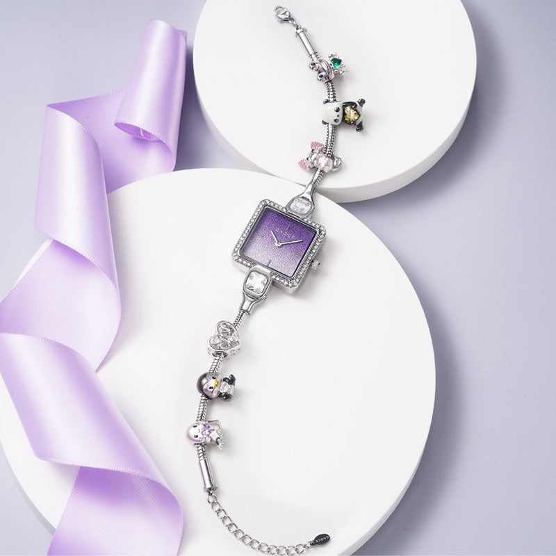 Bracelet Square Watch with Purple Glitter Dial can be Personalized with Charms_4