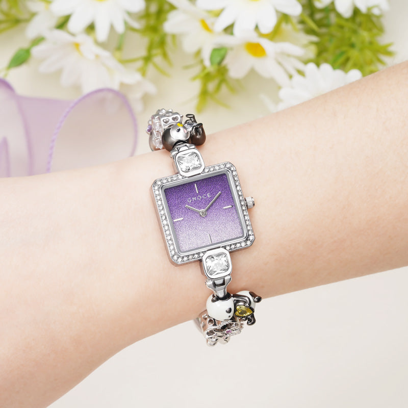 Bracelet Square Watch with Purple Glitter Dial can be Personalized with Charms_5