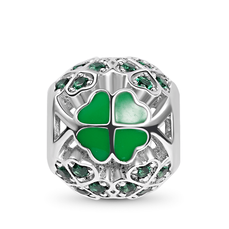 Lucky Four-Leaf Clover Heart Shape Hollow Charm with Emerald Stones Sterling Silver_1