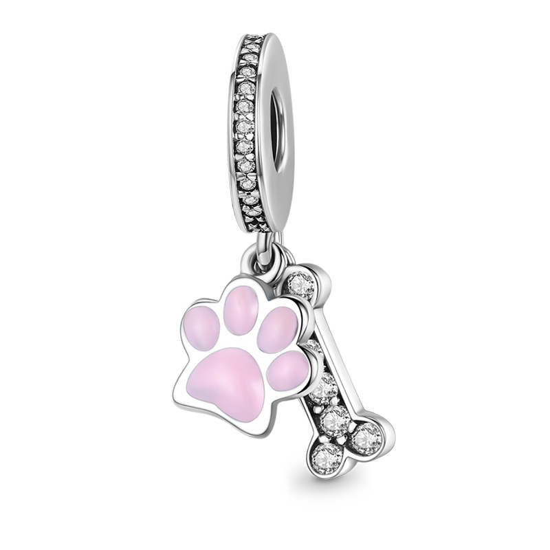 Paw & Bone Pendant Dangle Charm 925 Sterling Silver Inlaid with Crystal Gemstones_1
