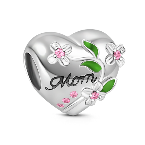 Gnoce "To my Loved Mom" Pink Flower Heart Shape Sterling Silver Bead Charm Engraved with Mom_1