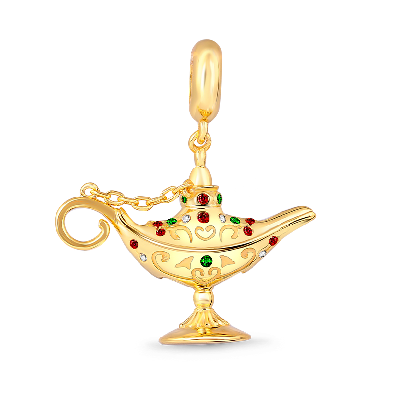 Aladdin Magic Lamp Pendant Dangle Charm Sterling Silver 18K Gold Plated inlaid with Multicolour Stones_1