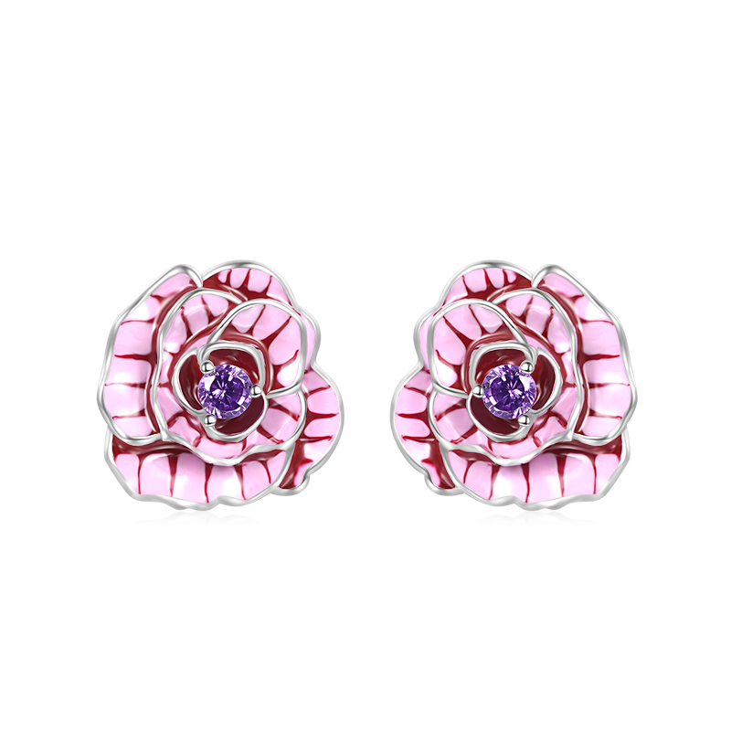 Gnoce Pink Rose Flower Stud Earrings_1