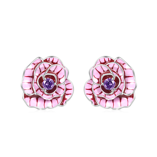 Gnoce Pink Rose Flower Stud Earrings_1